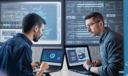 A split-screen image of a data engineer and a DevOps engineer working on their laptops in different environments. The data engineer is in a bright office with charts and graphs on the wall, while the DevOps engineer is in a dark server room with cables and monitors.