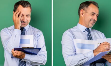 A collage of two images: one showing a senior director in a suit and tie, holding a clipboard and smiling confidently at the camera, and the other showing a director in a casual outfit, looking stressed and overwhelmed by papers and charts.